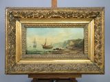 an oil painting of a boat in a body of water on a wooden easel