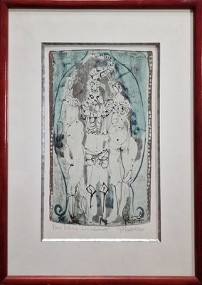 framed picture of a painting of a man and a woman on a horse