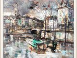 a painting of a boat on the water in a city