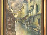 une image représentant une peinture d'une rue de ville avec un bateau sur l'eau