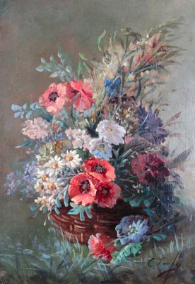 tableau représentant un panier de fleurs posé sur une table près d'un mur