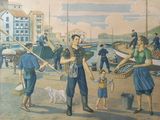 a painting of people on the beach with a dog and a cat