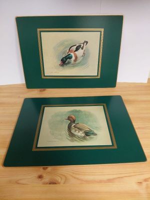 two framed pictures of ducks on a table in a room