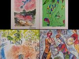 four different colored drawings of people and animals on a black background