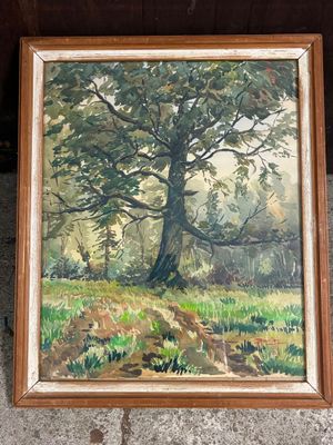 une peinture à l'huile représentant un grand chêne dans un champ verdoyant