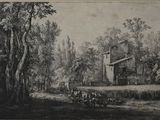 dessin représentant une scène de vie rurale avec une charrette tirée par un cheval au premier plan et une maison à l'arrière-plan