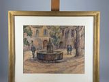 an oil painting of a fountain on a easel with people walking by