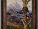 une peinture à l'huile représentant un ours grimpant à un arbre dans les montagnes