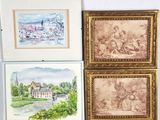 three framed pictures of a couple of paintings on a wall
