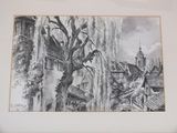 drawing of a tree in front of a building with a clock tower in the background