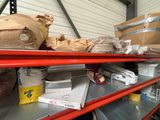 a red shelf filled with boxes and bags of food