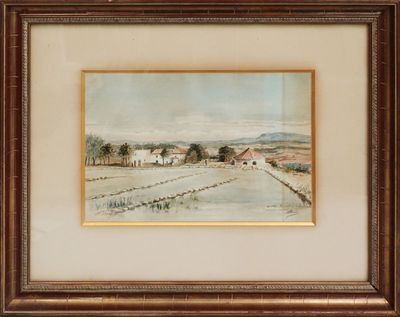 a painting of a farm scene in a brown frame