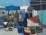 un tableau représentant un marché de rue où des gens vendent des fleurs