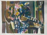 a painting of a vase of flowers on a table