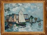 a painting of sailboats on the water with buildings in the background