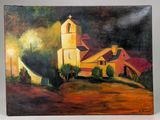 tableau représentant une église sur une colline, avec le ciel en arrière-plan