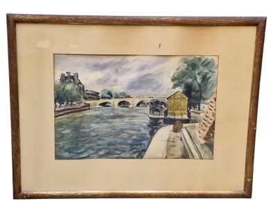 framed watercolor painting of a bridge over a river in a city