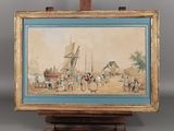 une vieille photo représentant un tableau posé sur un chevalet en bois, sur lequel figure un tableau représentant des personnes