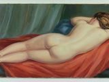 painting of a nude woman laying on a bed with a red blanket