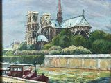 painting of a painting of a boat on a river with a cathedral in the background