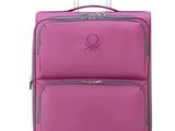 valise violette avec un logo sur le devant et une poignée