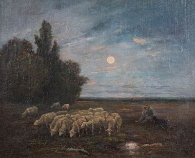 a painting of a man herding a flock of sheep
