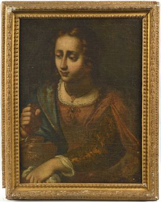 un tableau représentant une femme en robe rouge tenant une tasse
