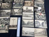 several old black and white photographs of a town and a church
