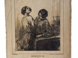 un vieux livre sur lequel figure le dessin de deux femmes assises à une table