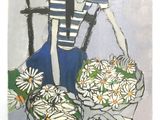 peinture d'une femme assise sur une chaise avec un panier de marguerites devant elle