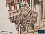 a drawing of a man standing on top of a pile of luggage