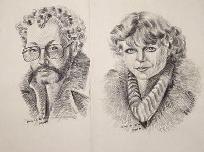 croquis représentant un homme et une femme portant des lunettes et un manteau de fourrure