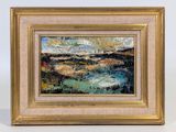 un tableau représentant un paysage, dans un cadre doré, sur fond blanc
