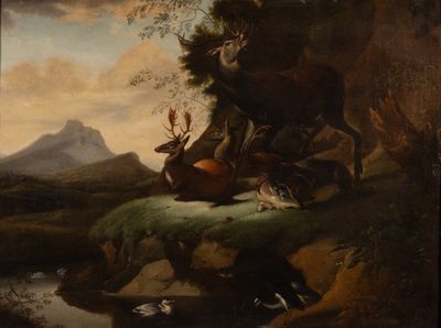 ECOLE EUROPEENE CIRCA 1700 Cerfs et Biches près d'une rivièr…