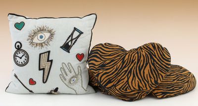 zebra print pillow and zebra slippers on a white background