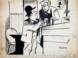 drawing of a man talking to another man at a bar