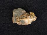 a small rock with some gold on it sitting on a black surface