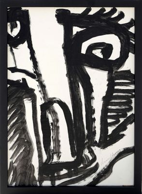 black and white abstract painting of a man with a guitar