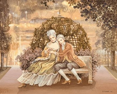 painting of a couple sitting on a bench in a park