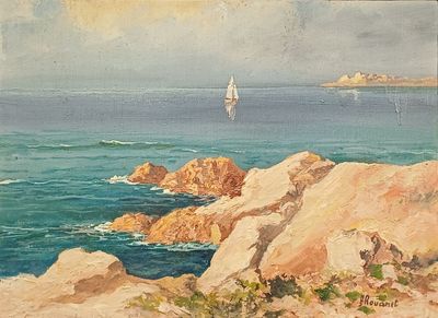 tableau représentant un voilier sur l'océan, près d'une côte rocheuse