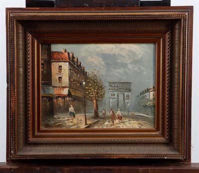 an oil painting of a street scene with people walking down the street
