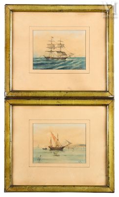deux aquarelles encadrées représentant un navire et un bateau en pleine mer