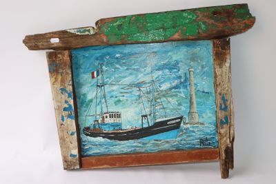 a picture of a painting of a boat in the water