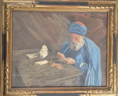 tableau représentant un homme coiffé d'un turban bleu et un oiseau posé sur une table