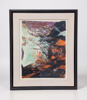 a framed painting of a mountain scene with a river in the foreground