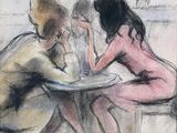 dessin représentant un groupe de personnes assises autour d'une table dans un café