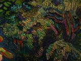 a painting of a woman sitting on a bench under a tree