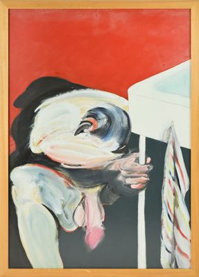 tableau représentant un homme portant un chapeau et une cravate, adossé à une table
