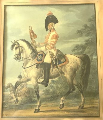 painting of a man in uniform riding a horse in a wooded area