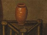 painting of a vase on a table with a chair in front of it